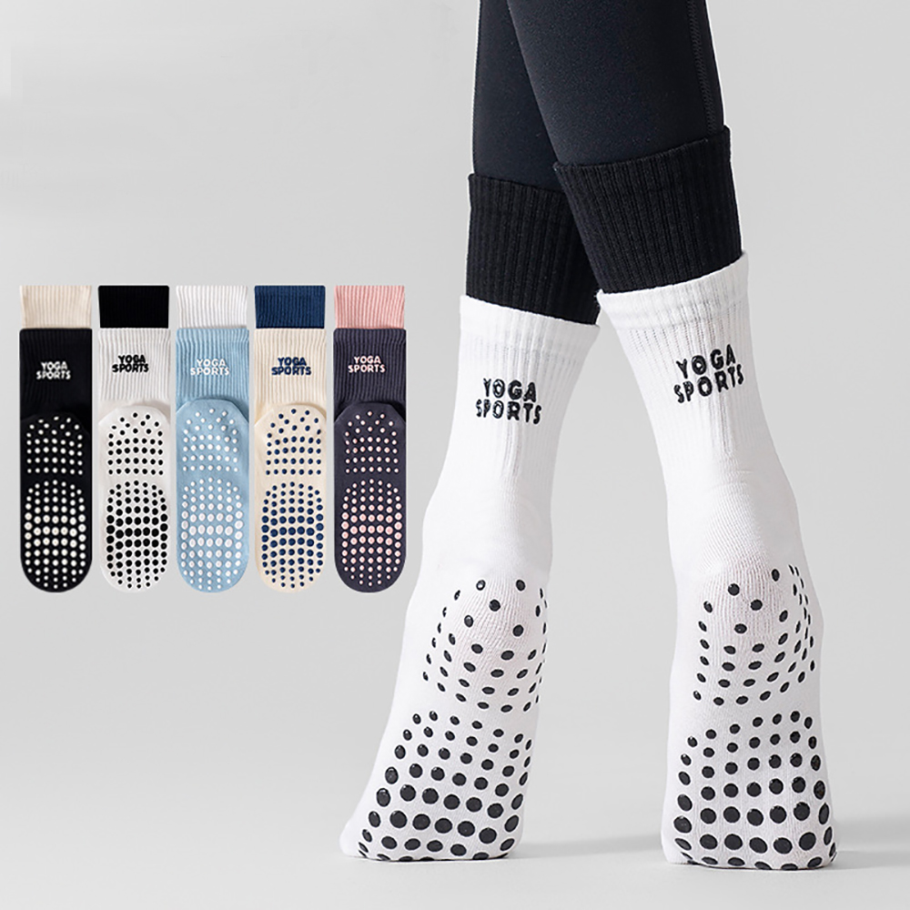 Sports Socks - ถุงเท้าโยคะแบบซ้อนสองชั้น ดีไซน์ทันสมัย ป้องกันการลื่นด้วยซิลิโคน ระบายอากาศได้ดี ผลิตจากผ้าฝ้าย เหมาะสำหรับพิลาทิส